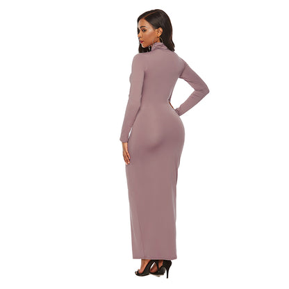 Women Turtleneck Long Sleeve Maxi Solid Color Dress
