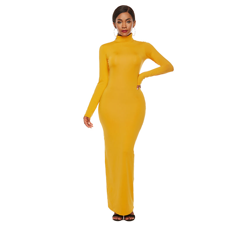 Women Turtleneck Long Sleeve Maxi Solid Color Dress