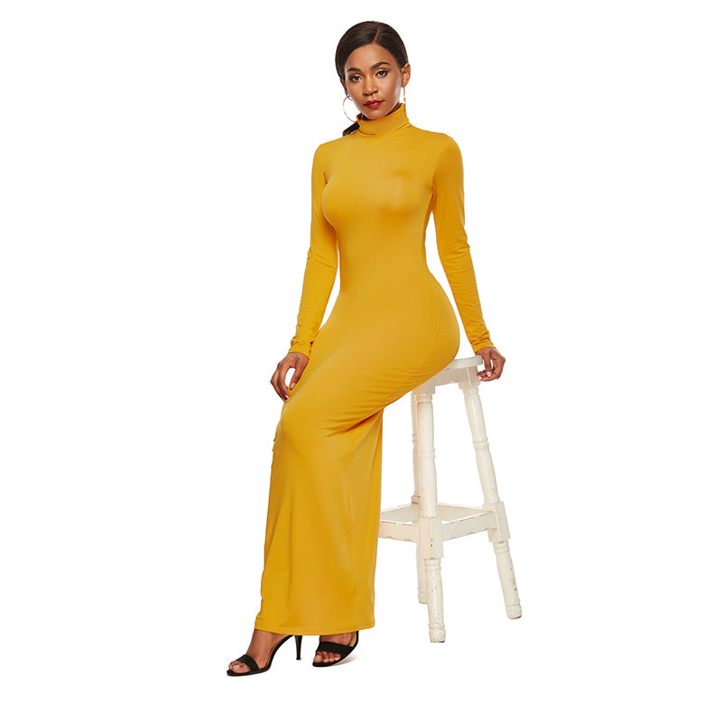 Women Turtleneck Long Sleeve Maxi Solid Color Dress