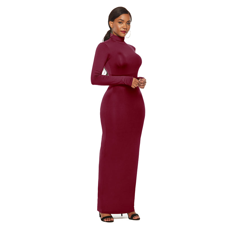 Women Turtleneck Long Sleeve Maxi Solid Color Dress