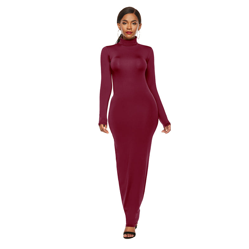Women Turtleneck Long Sleeve Maxi Solid Color Dress