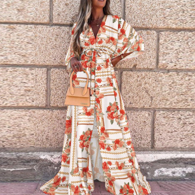 Women Elegant Deep V Neck Printing Hem Maxi Dress