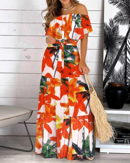 New Fashion Off Shoulder Print Ruffle Bohemian Maxi Dress