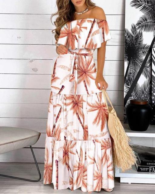 New Fashion Off Shoulder Print Ruffle Bohemian Maxi Dress