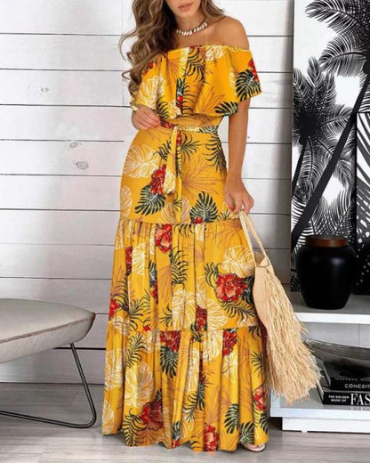 New Fashion Off Shoulder Print Ruffle Bohemian Maxi Dress