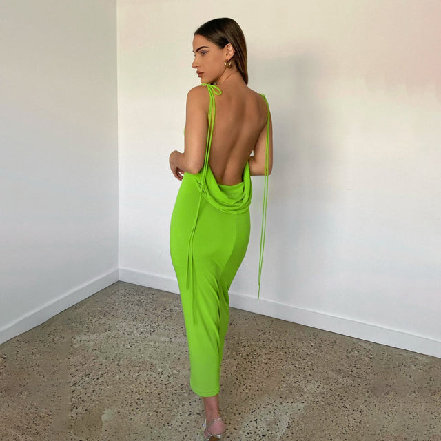 Women Elegant Spaghetti Strap Sexy Backless Draped Maxi Dress