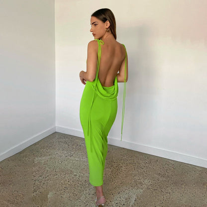Women Elegant Spaghetti Strap Sexy Backless Draped Maxi Dress