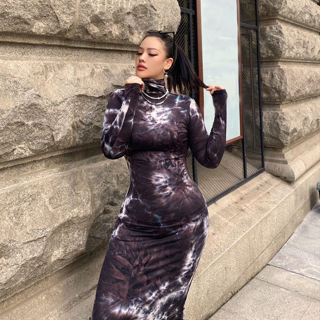 Women Turtleneck Long Sleeve Maxi Solid Color Dress