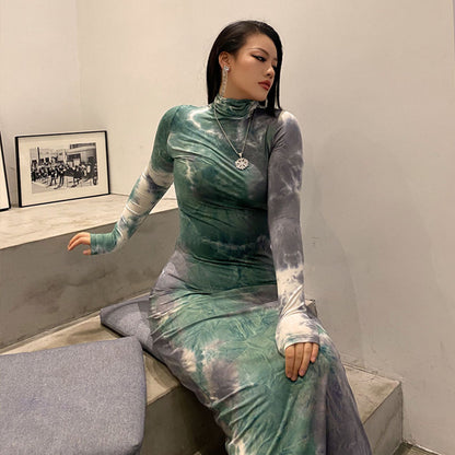 Women Turtleneck Long Sleeve Maxi Solid Color Dress