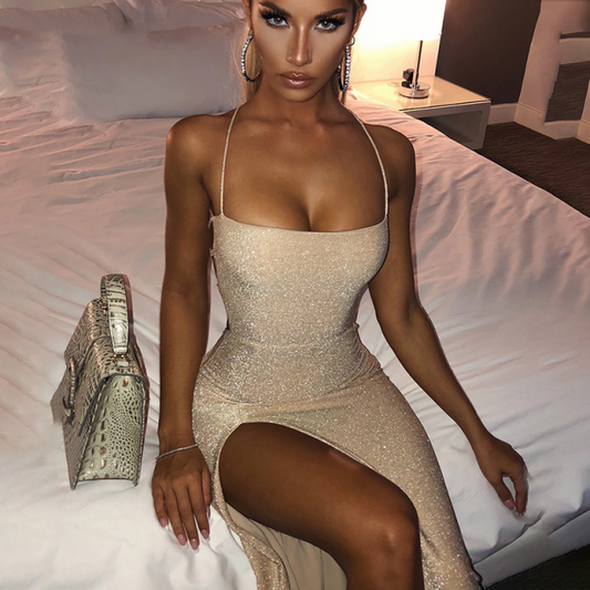 Women Glitter High Slit Evening Gown