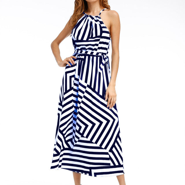 Women Sexy Boho Maxi Long Evening Striped Print Maxi Long Dress