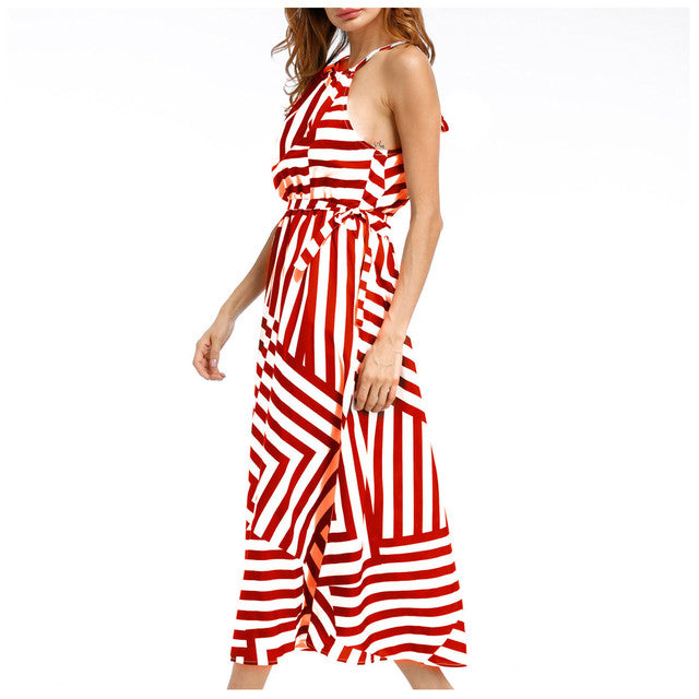 Women Sexy Boho Maxi Long Evening Striped Print Maxi Long Dress