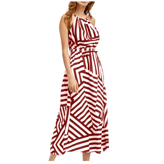 Women Sexy Boho Maxi Long Evening Striped Print Maxi Long Dress