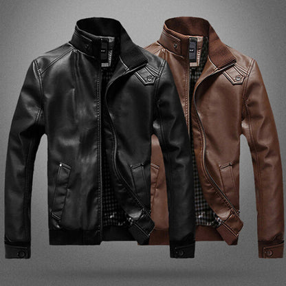 Leather Stand Collar Men Biker Casual Slim Jacket