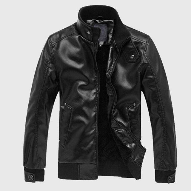Leather Stand Collar Men Biker Casual Slim Jacket