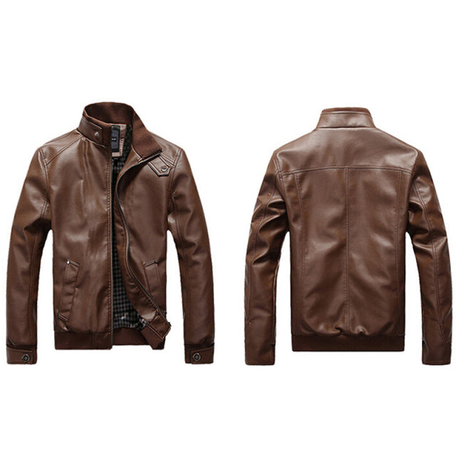 Leather Stand Collar Men Biker Casual Slim Jacket