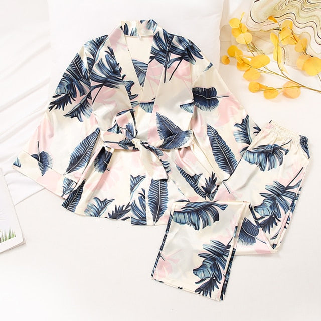 Women 2 Piece Satin Pants Loose Pajamas Casual Sleepwear