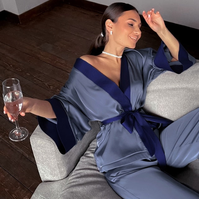 Women 2 Piece Satin Pants Loose Pajamas Casual Sleepwear