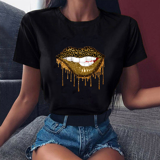 Women Fashion Print Lip Leopard Graphic Shirt