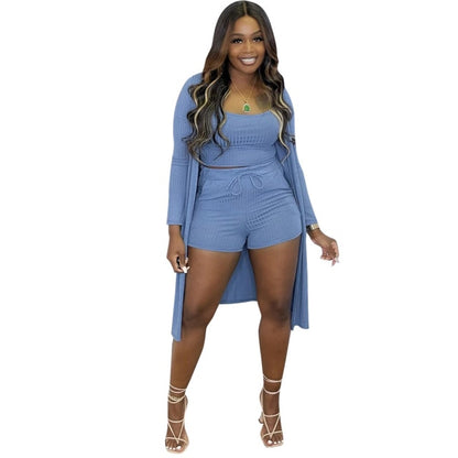 Women Three-Piece Long-Sleeved High-Elastic Sleeve Cardigan Ladies Solid Color Suits