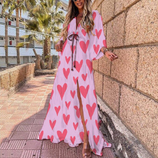 Women Elegant Deep V Neck Printing Hem Maxi Dress