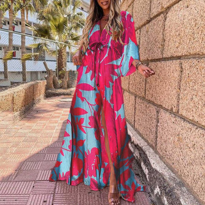 Women Elegant Deep V Neck Printing Hem Maxi Dress