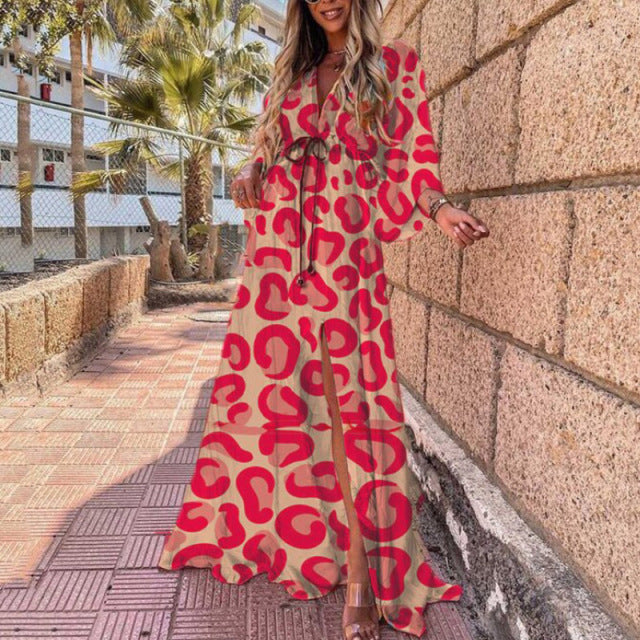 Women Elegant Deep V Neck Printing Hem Maxi Dress