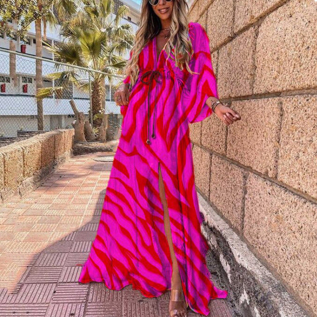 Women Elegant Deep V Neck Printing Hem Maxi Dress