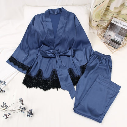 Women 2 Piece Satin Pants Loose Pajamas Casual Sleepwear
