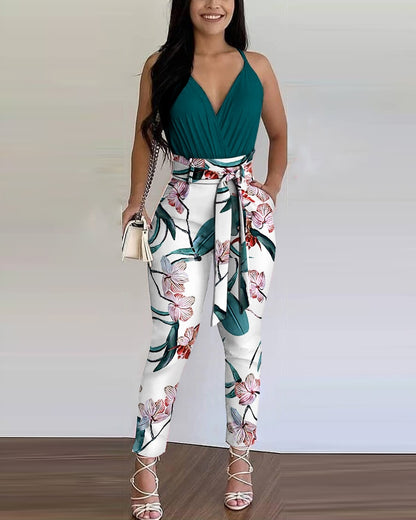 Women 2 Piece Plain Ruched Top Floral Print Pant Set With Belt
