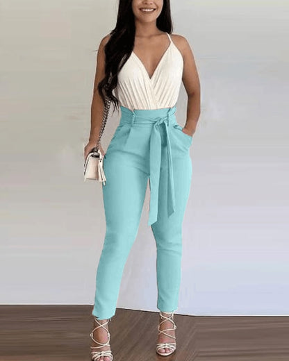 Women 2 Piece Plain Ruched Top Floral Print Pant Set With Belt