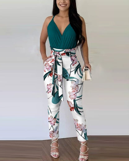 Women 2 Piece Plain Ruched Top Floral Print Pant Set With Belt
