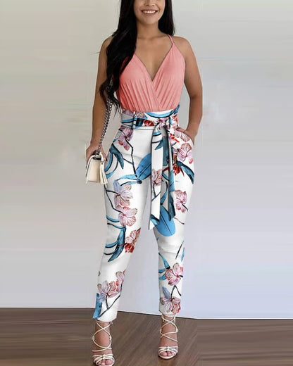 Women 2 Piece Plain Ruched Top Floral Print Pant Set With Belt