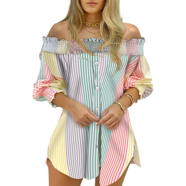 Women Fashion Striped Print Blouse Off Shoulder Ruched Button Design Casual Dress S-XL
