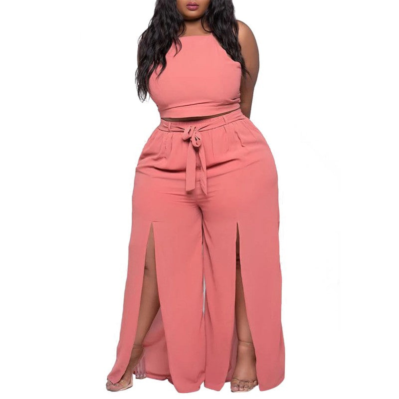 Women Sleeveless Halter Cross Backless Crop Top Split Sexy Wide Leg Pant Set