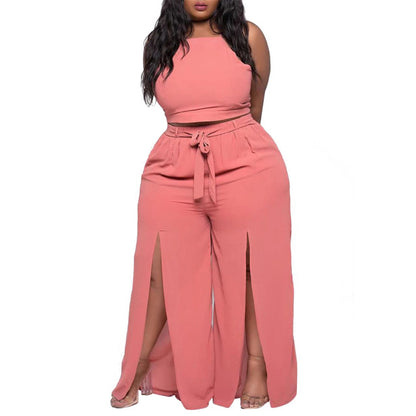 Women Sleeveless Halter Cross Backless Crop Top Split Sexy Wide Leg Pant Set