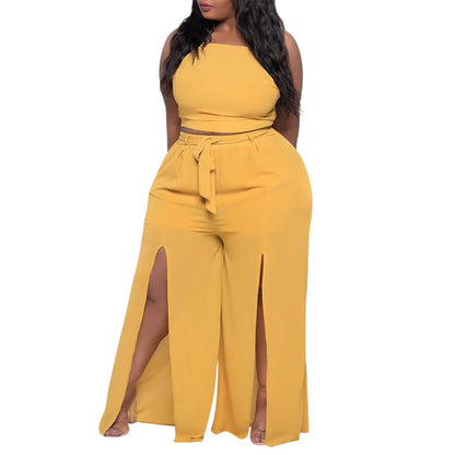Women Sleeveless Halter Cross Backless Crop Top Split Sexy Wide Leg Pant Set