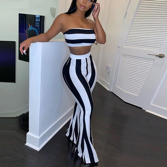 Women Striped 2 Piece Crop Top Pants Set S-2XL