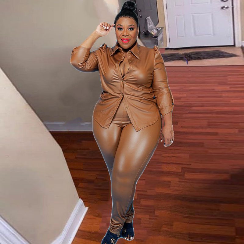 Plus Size Women Two Piece Leather Fall Long Sleeve Tops and Pants Set