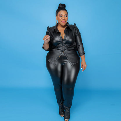 Plus Size Women Two Piece Leather Fall Long Sleeve Tops and Pants Set