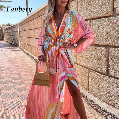 Women Elegant Deep V Neck Printing Hem Maxi Dress
