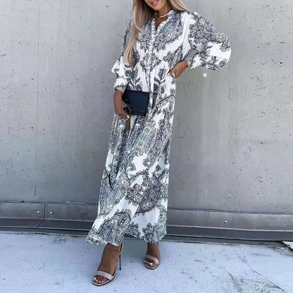 Women Elegant Deep V Neck Printing Hem Maxi Dress
