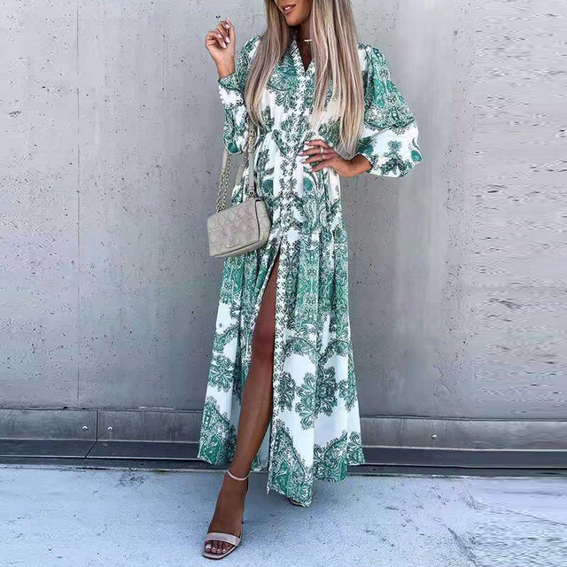 Women Elegant Deep V Neck Printing Hem Maxi Dress