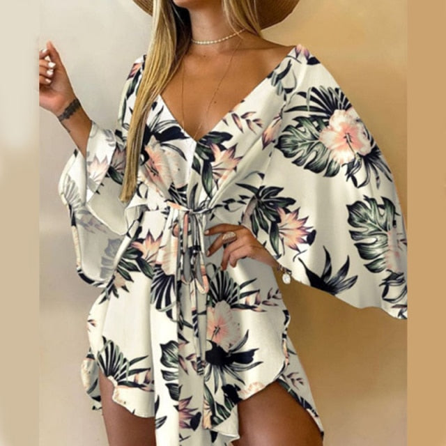 Elegant Sexy V Neck Lace-up Floral Print Casual Flared Dress
