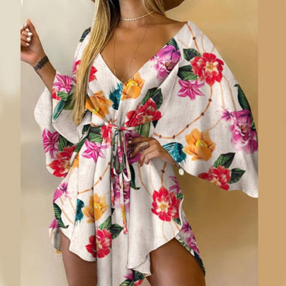 Elegant Sexy V Neck Lace-up Floral Print Casual Flared Dress