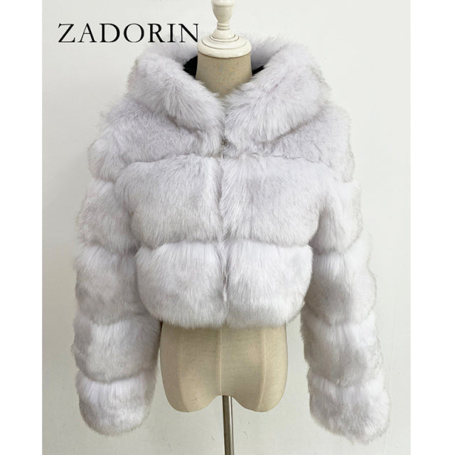 Women High Quality Cropped Faux Fur Fluffy Hooded Coat