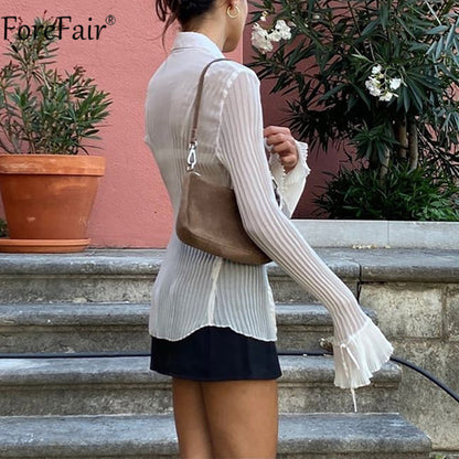 Women Sexy Vintage Fashion V Neck Button See Through White Casual Long Sleeve Top