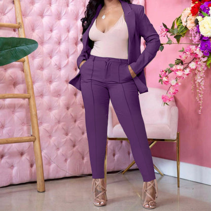 Women Solid Blazer and Zipper Pant Two Piece Set