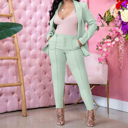 Women Solid Blazer and Zipper Pant Two Piece Set
