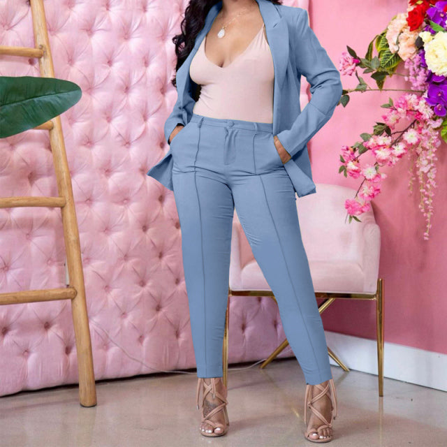 Women Solid Blazer and Zipper Pant Two Piece Set